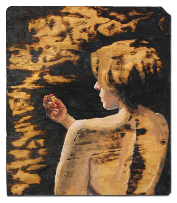 A mostly black and sepia painting of the back of a woman surrounded by smoke and holding a red pack of matches.